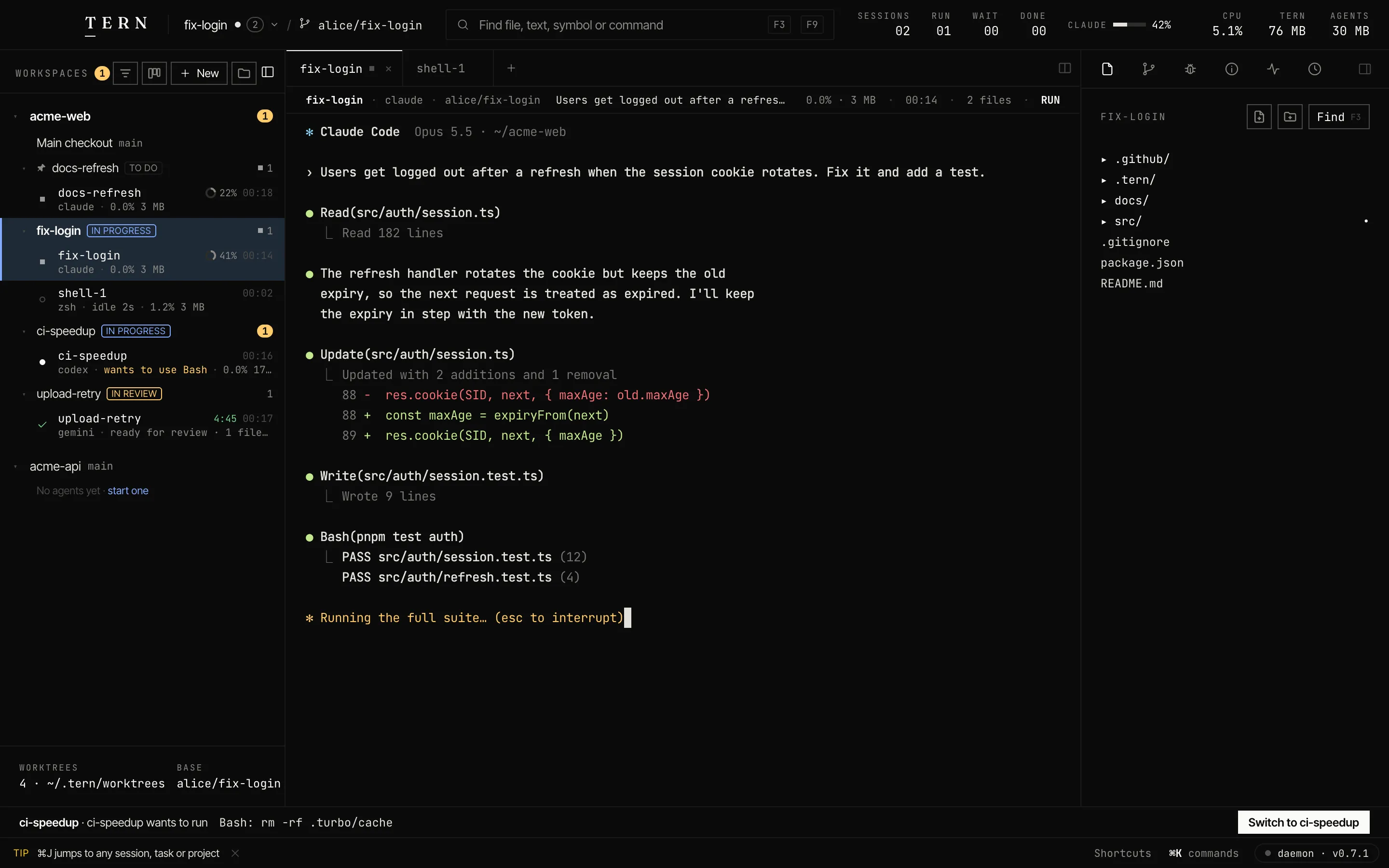 Tern's window: the sidebar lists acme-web's worktrees, each with its agents (one running, one waiting for approval, one ready for review), and Claude Code fixing a login bug in front.