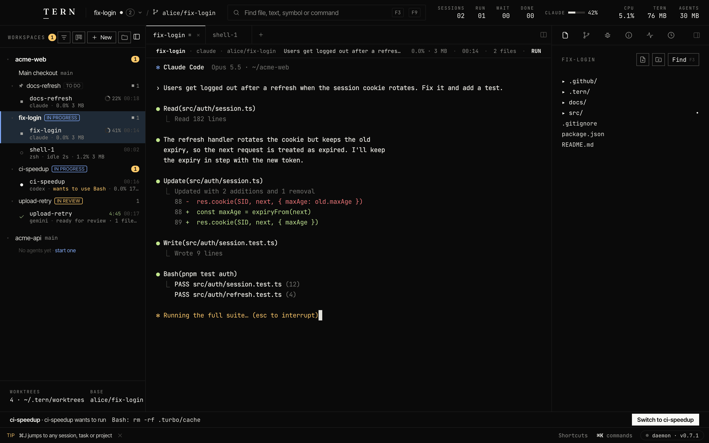 Tern's window: the sidebar lists acme-web's worktrees, each with its agents (one running, one waiting for approval, one ready for review), and Claude Code fixing a login bug in front.