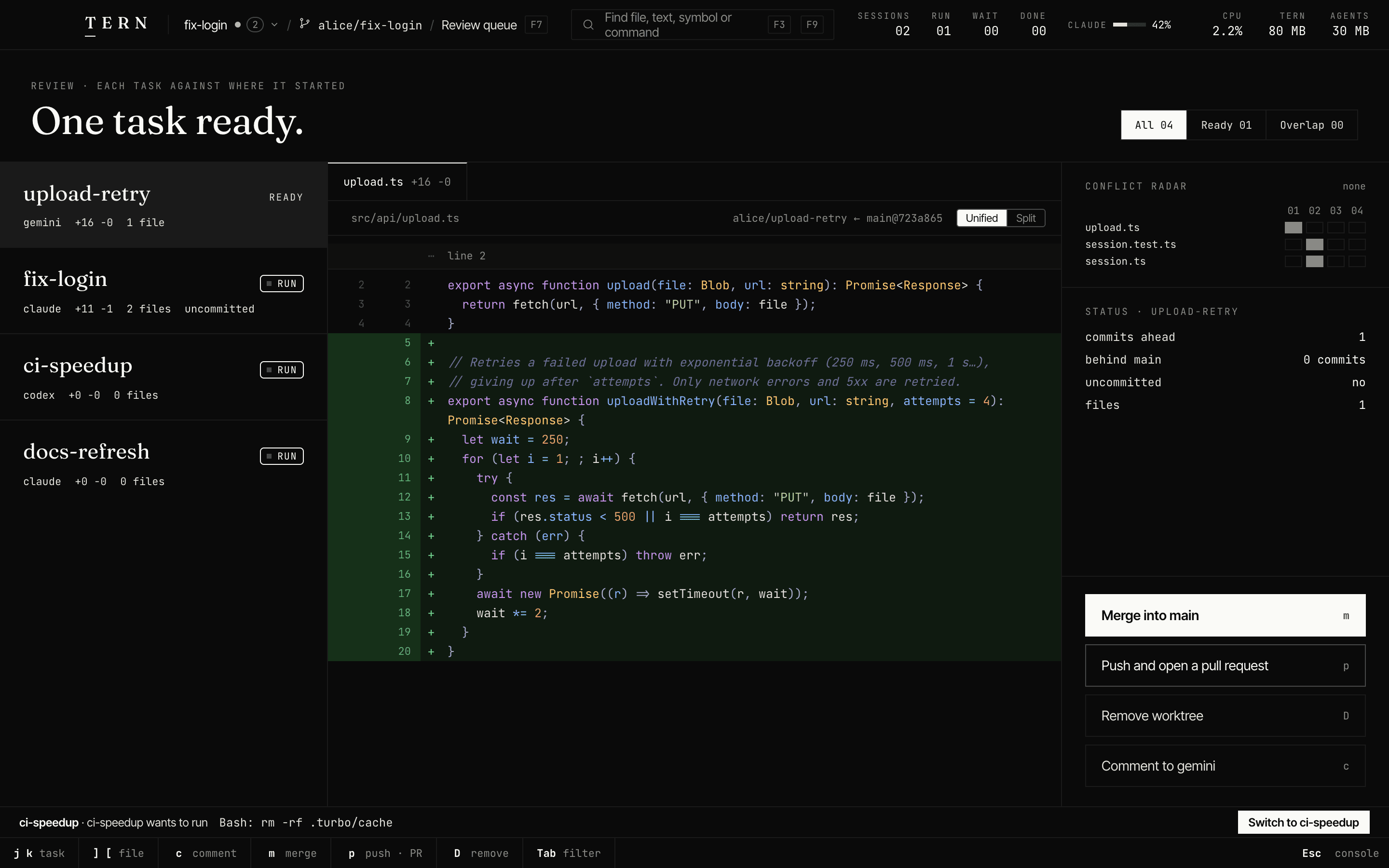 The review queue: upload-retry's diff adding retries with backoff, the conflict radar, and Merge into main, Push and open a pull request.