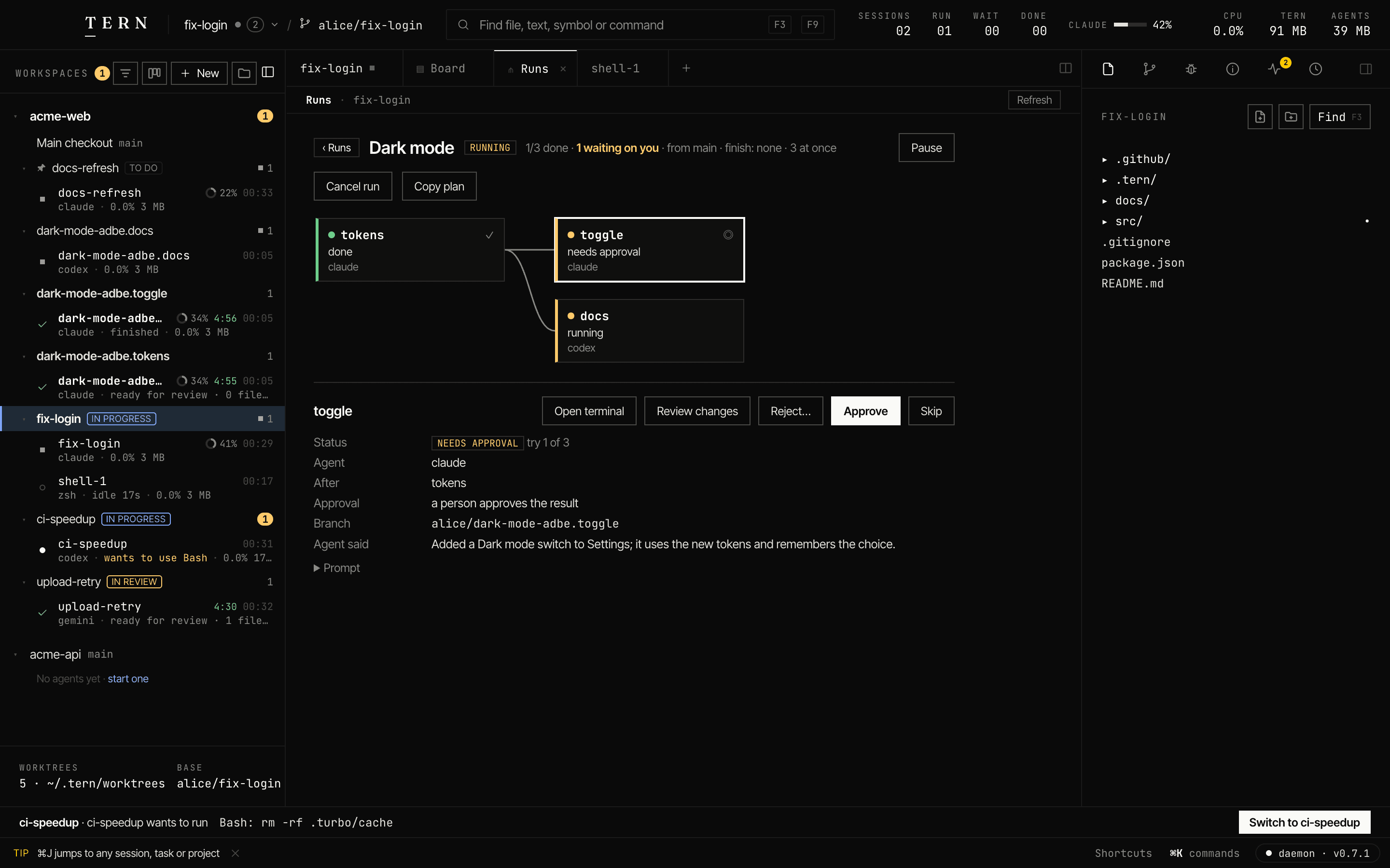 A run called Dark mode: three steps as a graph, tokens done, docs running, toggle waiting for approval, with Approve and Reject.