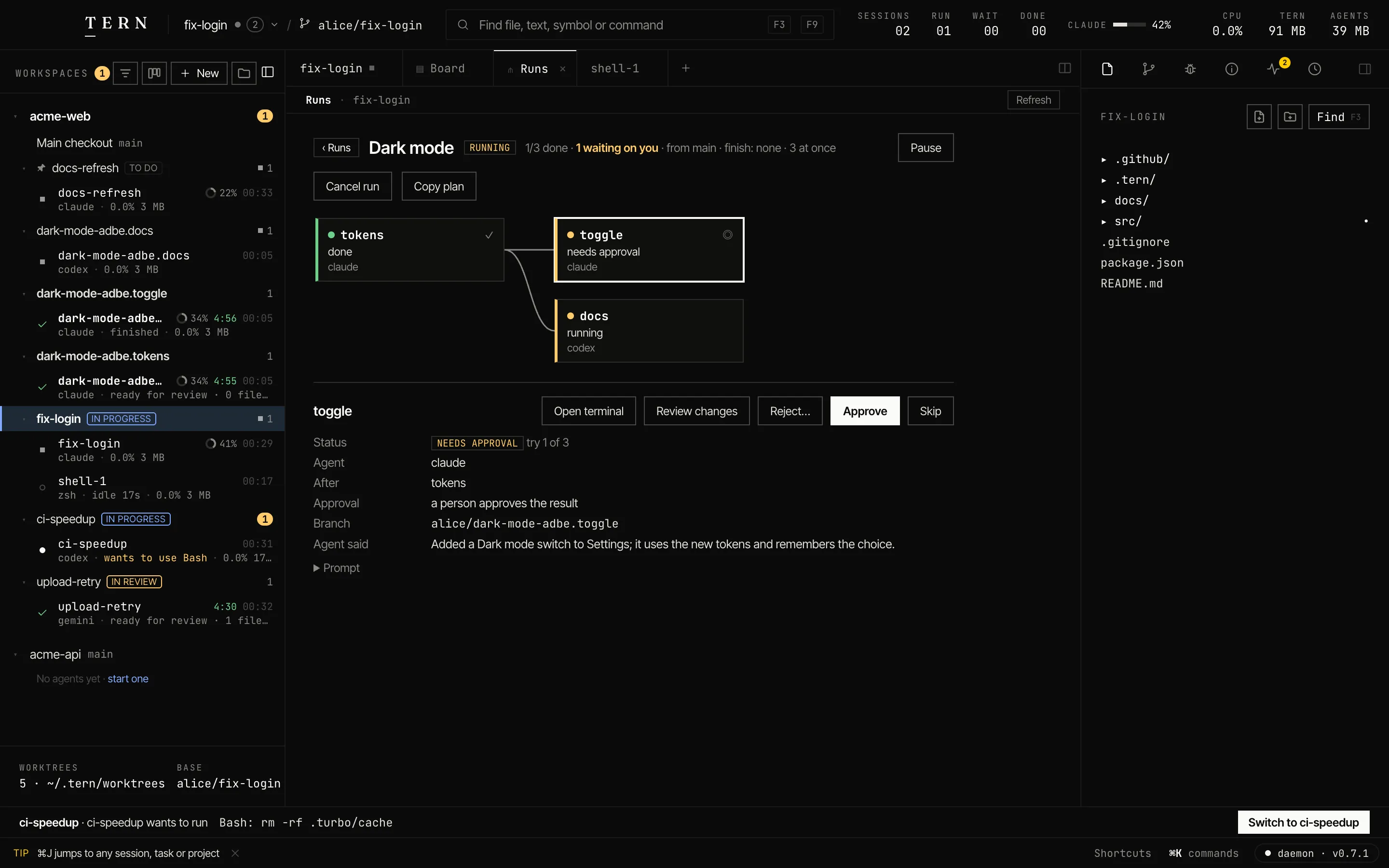 A run called Dark mode: three steps as a graph, tokens done, docs running, toggle waiting for approval, with Approve and Reject.