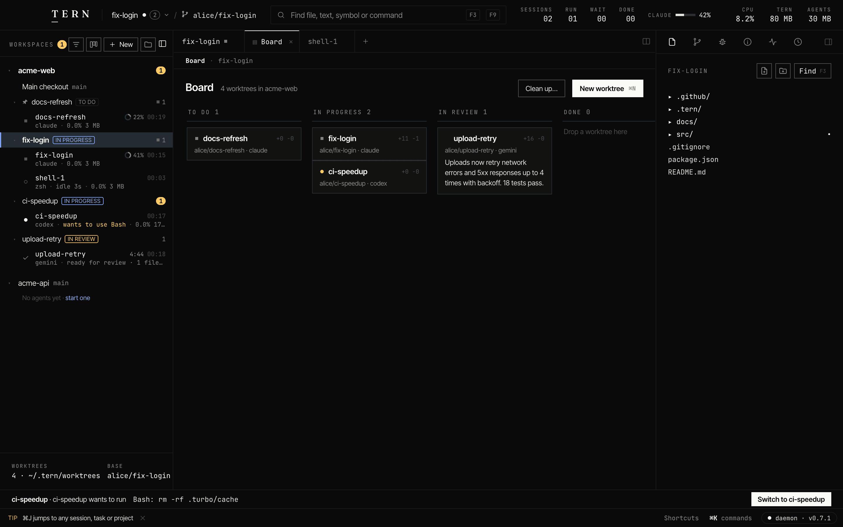The board: acme-web's worktrees in To do, In progress and In review columns, each card with its branch and agent.